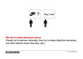 ?       Buy now!




We don’t make decisions alone.
People try to behave rationally, they try to make objective decisions,
but other factors mean that they can’t.


                                                            www.mrcoincidence.com
 