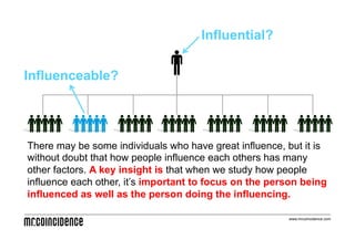 Influential?


Influenceable?




There may be some individuals who have great influence, but it is
without doubt that how people influence each others has many
other factors. A key insight is that when we study how people
influence each other, it’s important to focus on the person being
influenced as well as the person doing the influencing.

                                                        www.mrcoincidence.com
 