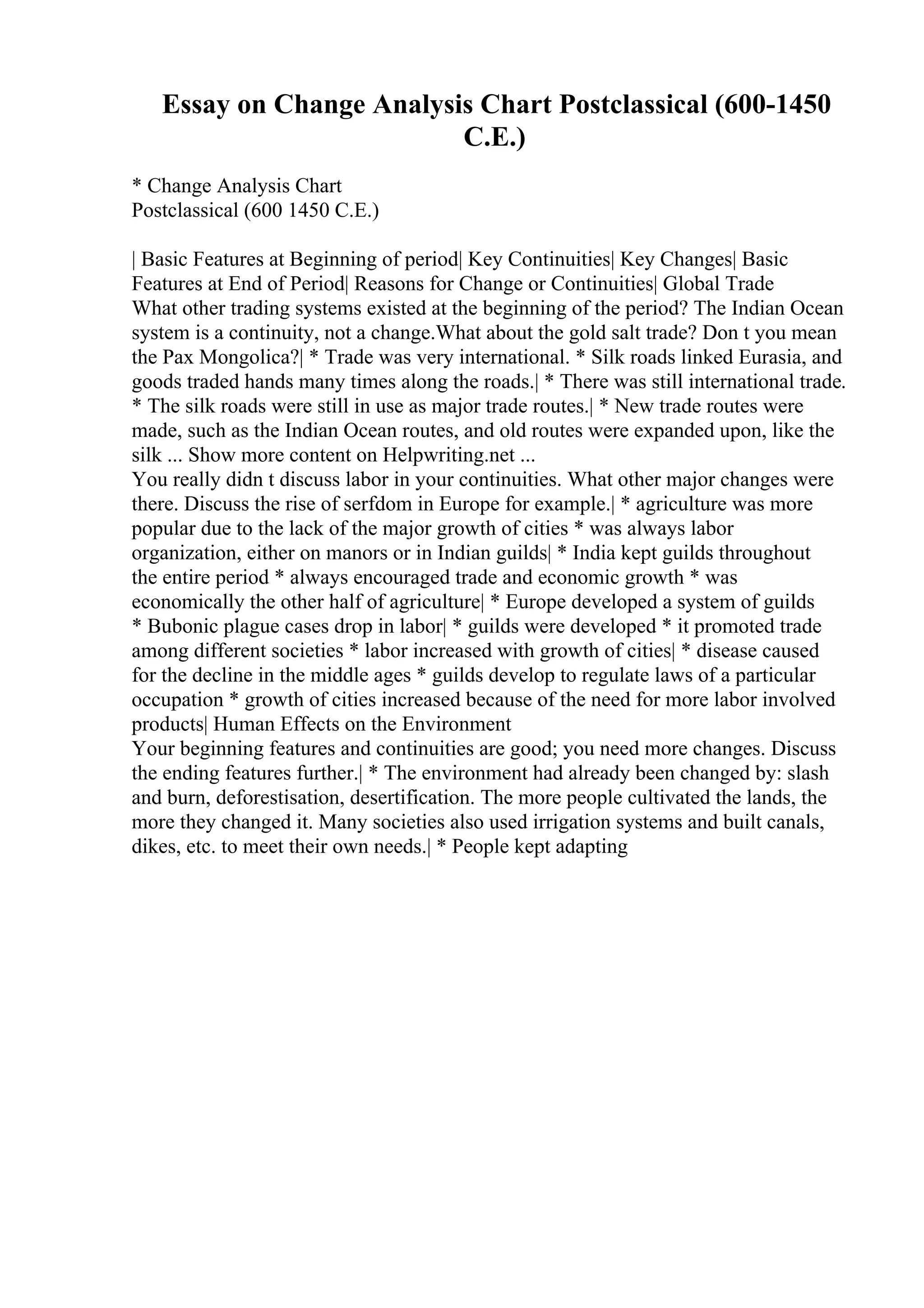 Essay on Change Analysis Chart Postclassical (600-1450
C.E.)
* Change Analysis Chart
Postclassical (600 1450 C.E.)
| Basic Features at Beginning of period| Key Continuities| Key Changes| Basic
Features at End of Period| Reasons for Change or Continuities| Global Trade
What other trading systems existed at the beginning of the period? The Indian Ocean
system is a continuity, not a change.What about the gold salt trade? Don t you mean
the Pax Mongolica?| * Trade was very international. * Silk roads linked Eurasia, and
goods traded hands many times along the roads.| * There was still international trade.
* The silk roads were still in use as major trade routes.| * New trade routes were
made, such as the Indian Ocean routes, and old routes were expanded upon, like the
silk ... Show more content on Helpwriting.net ...
You really didn t discuss labor in your continuities. What other major changes were
there. Discuss the rise of serfdom in Europe for example.| * agriculture was more
popular due to the lack of the major growth of cities * was always labor
organization, either on manors or in Indian guilds| * India kept guilds throughout
the entire period * always encouraged trade and economic growth * was
economically the other half of agriculture| * Europe developed a system of guilds
* Bubonic plague cases drop in labor| * guilds were developed * it promoted trade
among different societies * labor increased with growth of cities| * disease caused
for the decline in the middle ages * guilds develop to regulate laws of a particular
occupation * growth of cities increased because of the need for more labor involved
products| Human Effects on the Environment
Your beginning features and continuities are good; you need more changes. Discuss
the ending features further.| * The environment had already been changed by: slash
and burn, deforestisation, desertification. The more people cultivated the lands, the
more they changed it. Many societies also used irrigation systems and built canals,
dikes, etc. to meet their own needs.| * People kept adapting
 