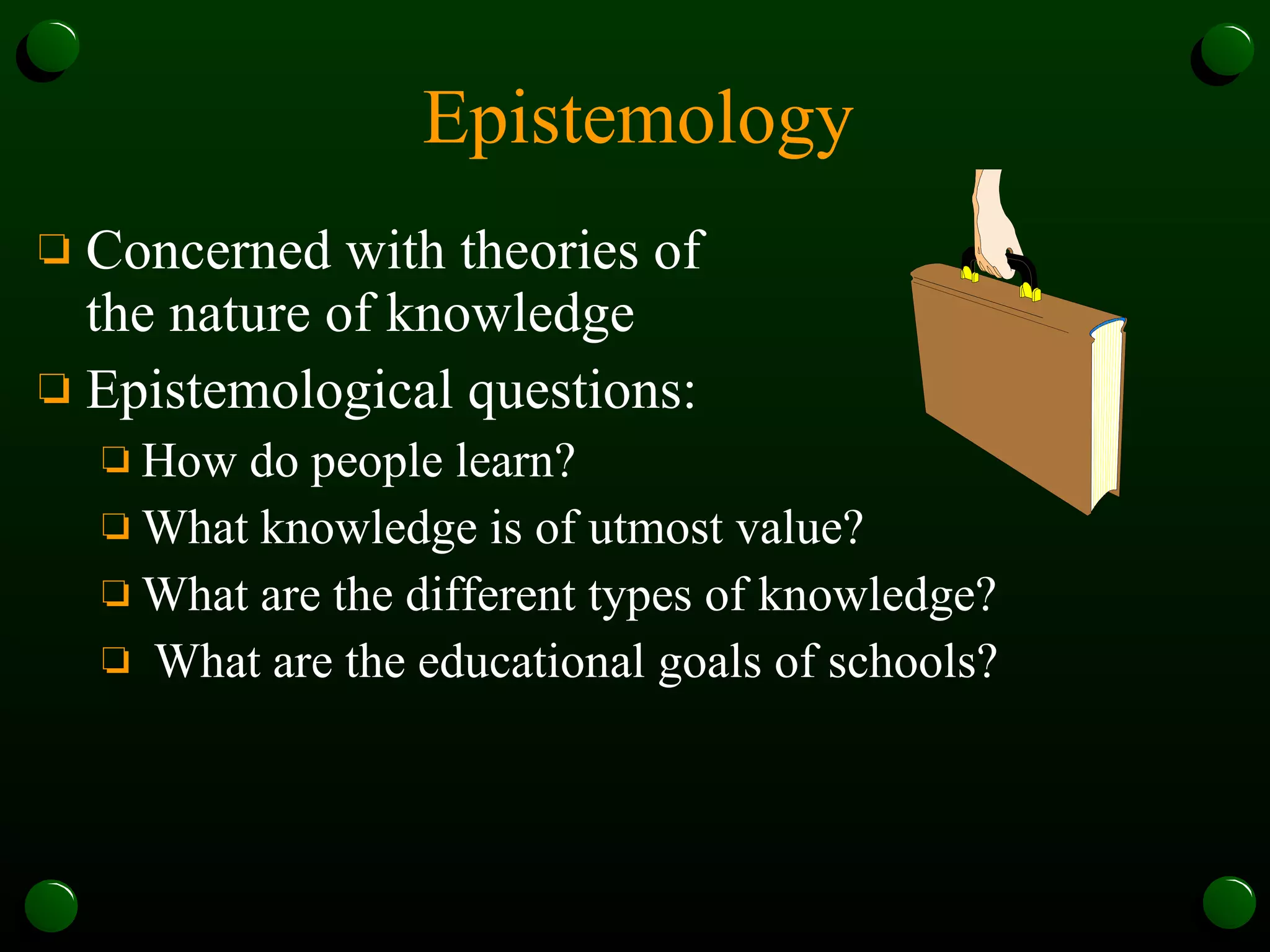 Epistemology Concerned with theories of  the nature of knowledge Epistemological questions: How do people learn?  What knowledge is of utmost value?  What are the different types of knowledge?  What are the educational goals of schools? 