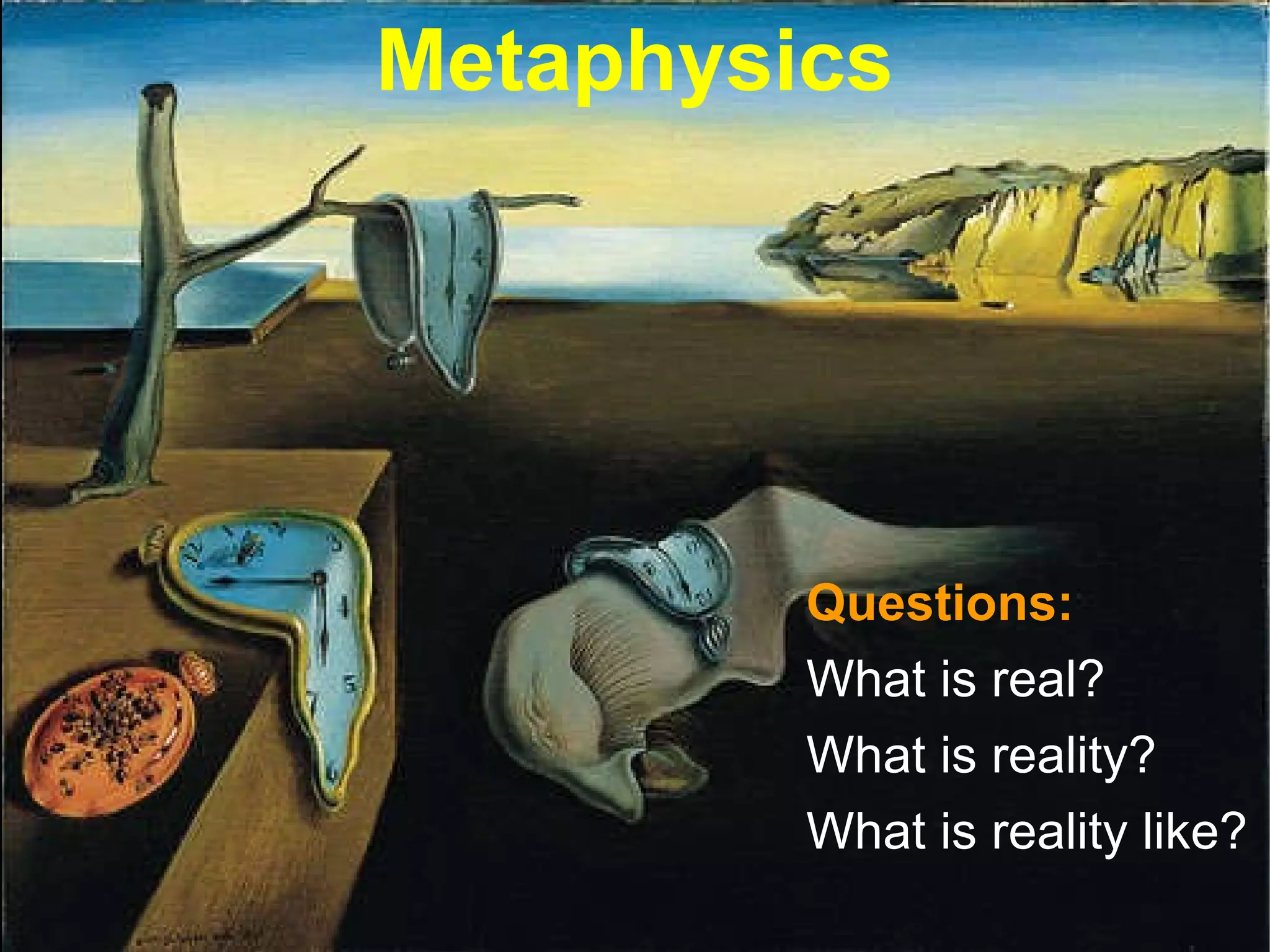Metaphysics Questions:  What is real?  What is reality?  What is reality like?  