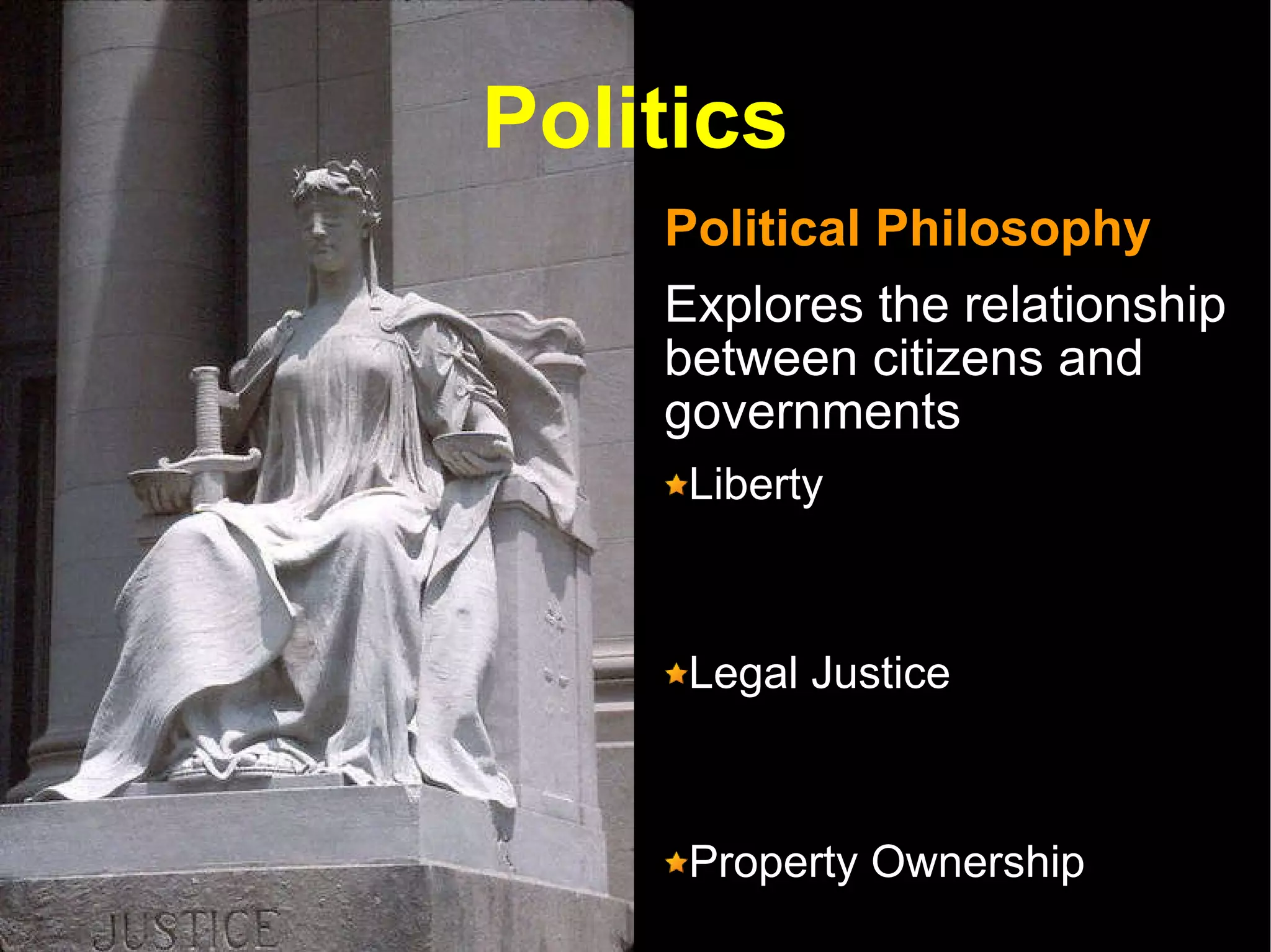 Politics Political Philosophy Explores the relationship between citizens and governments  Liberty Legal Justice Property Ownership Citizen's Rights System of Law 