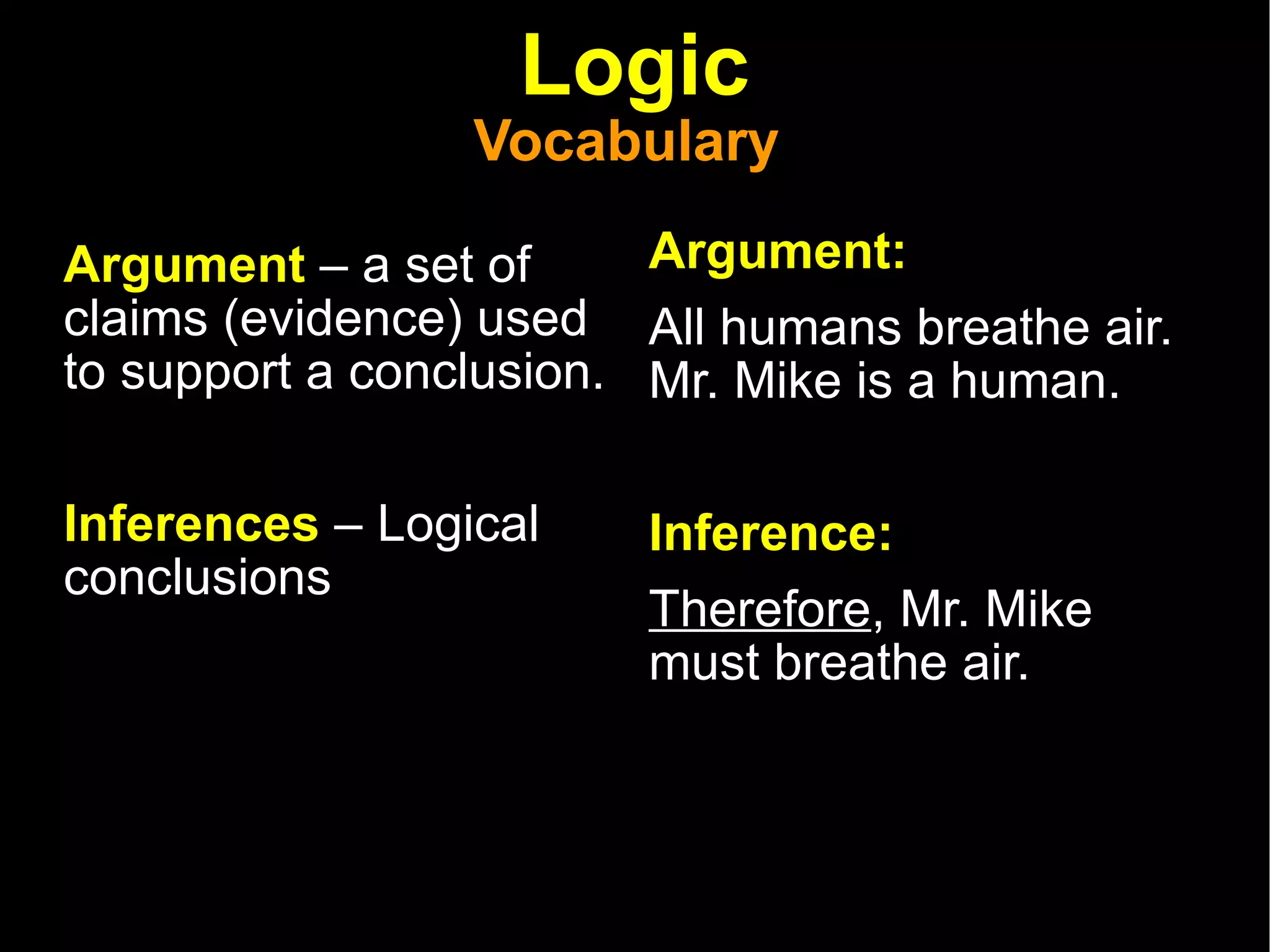 Logic Vocabulary  Argument  – a set of claims (evidence) used to support a conclusion. Inferences  – Logical conclusions  Argument:   All humans breathe air. Mr. Mike is a human.  Inference:  Therefore , Mr. Mike must breathe air.  