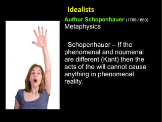 Authur Schopenhauer   (1788-1860) Metaphysics Schopenhauer – If the phenomenal and noumenal are different (Kant) then the acts of the will cannot cause anything in phenomenal reality. Idealists 