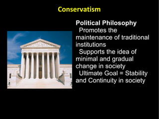 Political Philosophy  Promotes the maintenance of traditional institutions Supports the idea of minimal and gradual change in society Ultimate Goal = Stability and Continuity in society  Conservatism 