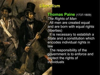Thomas Paine   (1737-1809)   The Rights of Man All men are created equal and are born with equal rights (liberties)  It is necessary to establish a State and a constitution which encodes individual rights in law  The responsibility of the government is to enforce and protect the rights of individuals Liberalism 