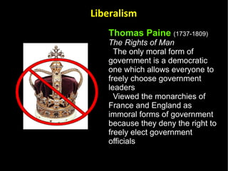 Thomas Paine   (1737-1809)   The Rights of Man The only moral form of government is a democratic one which allows everyone to freely choose government leaders Viewed the monarchies of France and England as immoral forms of government because they deny the right to freely elect government officials Liberalism 