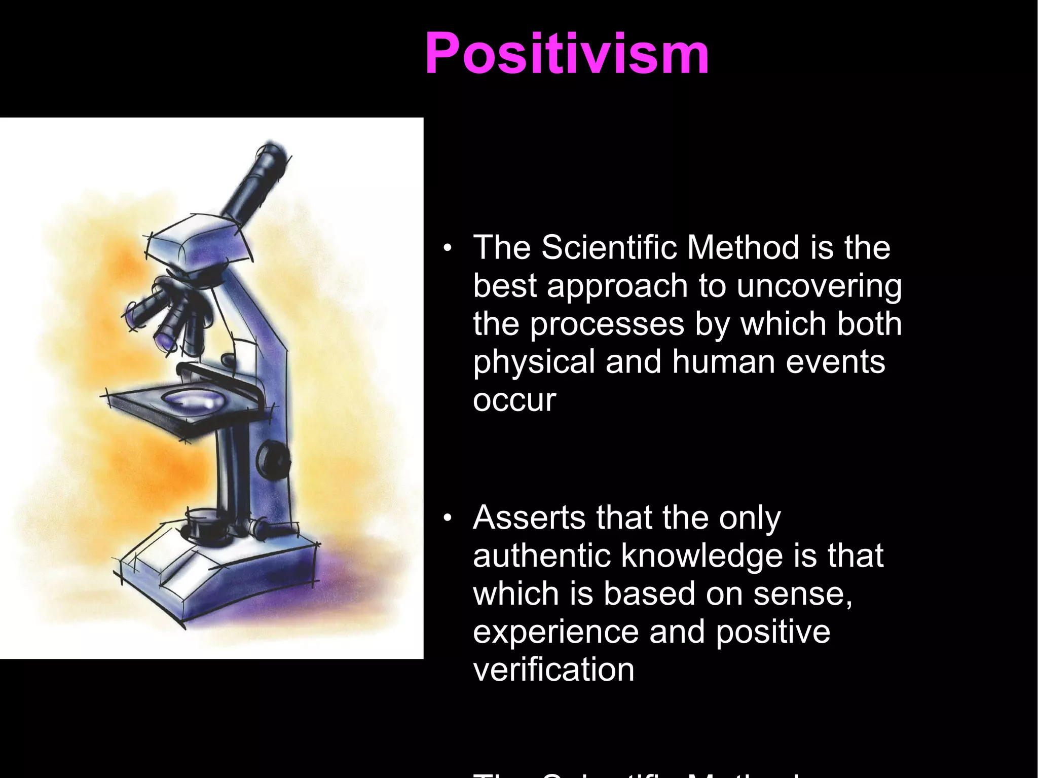 Positivism  The Scientific Method is the best approach to uncovering the processes by which both physical and human events occur  Asserts that the only authentic knowledge is that which is based on sense, experience and positive verification The Scientific Method replaces Metaphysics  