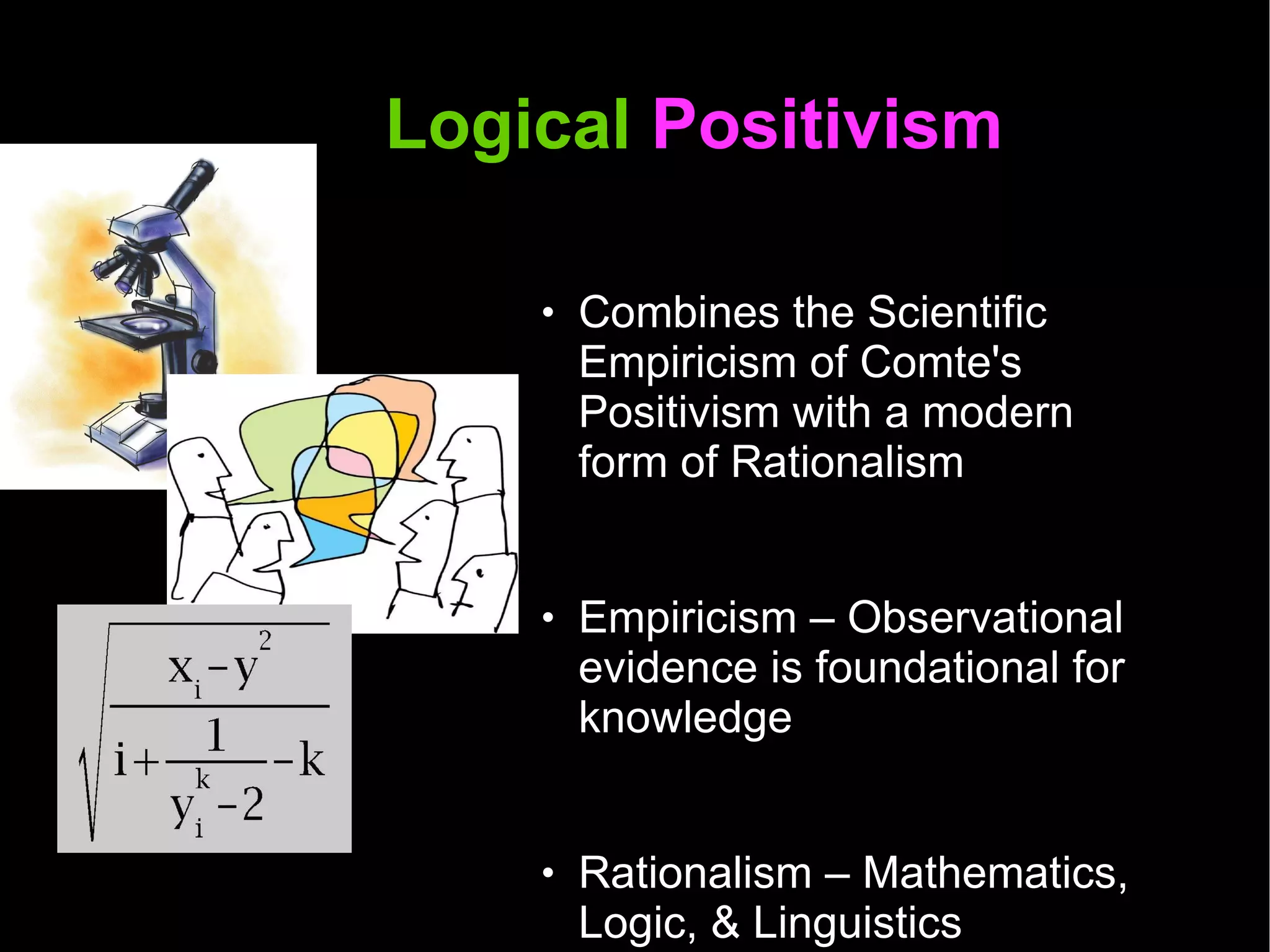 Logical  Positivism  Combines the Scientific Empiricism of Comte's Positivism with a modern form of Rationalism  Empiricism – Observational evidence is foundational for knowledge Rationalism – Mathematics, Logic, & Linguistics 