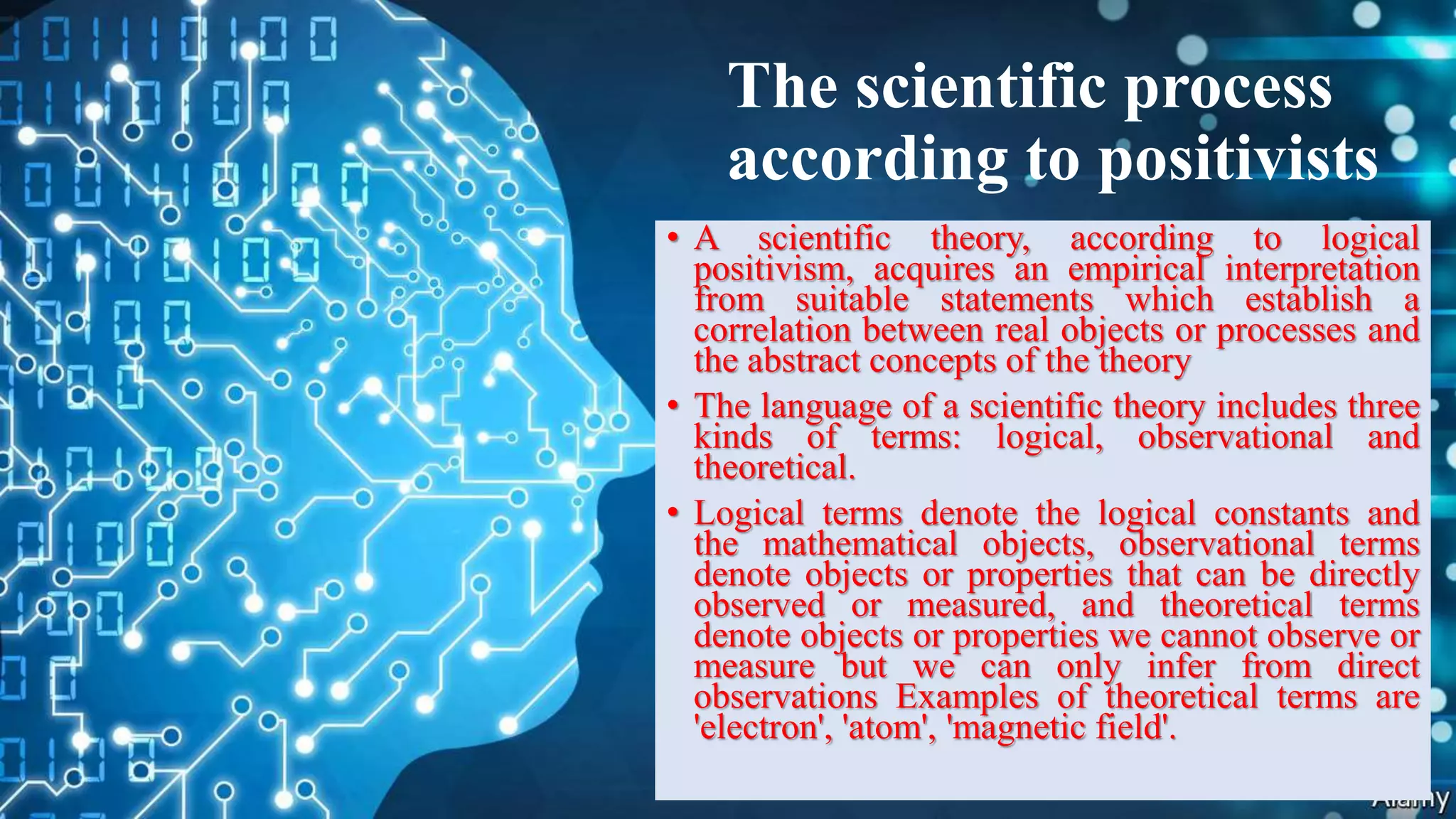 The scientific process
according to positivists
• A scientific theory, according to logical
positivism, acquires an empirical interpretation
from suitable statements which establish a
correlation between real objects or processes and
the abstract concepts of the theory
• The language of a scientific theory includes three
kinds of terms: logical, observational and
theoretical.
• Logical terms denote the logical constants and
the mathematical objects, observational terms
denote objects or properties that can be directly
observed or measured, and theoretical terms
denote objects or properties we cannot observe or
measure but we can only infer from direct
observations Examples of theoretical terms are
'electron', 'atom', 'magnetic field'.
 