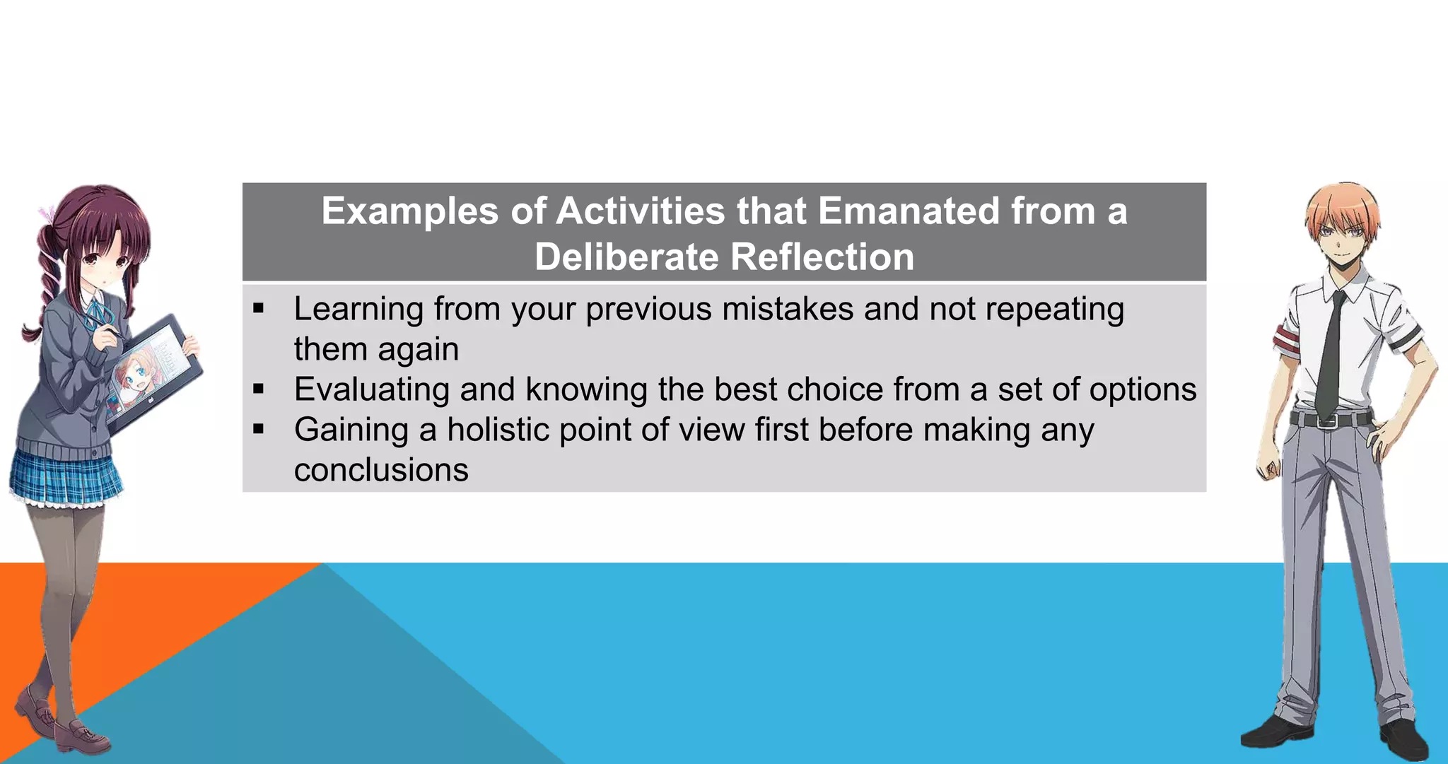 Examples of Activities that Emanated from a
Deliberate Reflection
 Learning from your previous mistakes and not repeating
them again
 Evaluating and knowing the best choice from a set of options
 Gaining a holistic point of view first before making any
conclusions
 