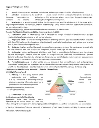 5
Stages of Falling In Love (Fisher,
1997
1. Lust – is driven by the sex hormones, testosterone, and estrogen. These hormones affect both sexes.
2. Attraction – is described as the lovestruck phase, which involves neurotransmitters in the brain such as
dopamine, neropinephrine, and serotonin. This is the stage when a person loses sleep and appetite over
someone, and swoons while daydreaming of this special person.
3. Attachment – is when the couple in love decides to continue with the relationship. It is the stage where
longlasting commitments are exchanged, and may lead to raising a family. Special hormones, oxytocin and vasopressin,
are secreted during this stage.
Aside from physiology, people are attracted to one another because of other reasons.
Theories that Result to Attraction and Liking (Rozenberg Quarterly, 2018)
1. Transference Effect – is when feelings such as attraction and liking is redirected to another because our past
relationship has affected our sense of self and our behavior.
2. Propinquity Effect – is when the feeling of attraction and liking someone grow because of our often encounter
with them. This is when we develop a sense of familiarity with people who live close to us, work with us, or go to school
with us, which leads us to liking them more.
3. Similarity – is when we often like people because of our resemblance to them. We are attracted to people who
we have similarities with, such as social class background, religious beliefs, age, and education.
4. Reciprocity – is when we like people who like us back. This is to respond to the feelings that were given to you,
because according to a research, when we express our liking for another, oftentimes, this would elicit a pleasant
behavior and mutual liking from the other person. Reciprocity was identified as the main reason why a couple moves
from attraction to romance and intimacy, and eventually to commitment.
5. Physical Attractiveness – is when we like someone because of their physical features such as having higher
cheekbones, thinner jaws, and larger eyes. Less attractive individuals may compensate by offering other qualities like
wealth and status to attract a potential mate. However, relationships built on this exchange do not last long.
Components of Love (Sternberg, Sternberg’s Triangular Theory of Love
1986) (Eight Forms of Love)
1. Intimacy – is the lovely moment when someone
understands and validates us. Communication
is a key component in developing intimacy, where self-
disclosure, revealing information about you to another is
practiced which leads to thoughtful and
meaningful conversations that nurture
and strengthen intimacy.
2. Commitment – is the act of
deciding to constantly fulfill and live by
agreements made with another Source:
shorturl.at/cxCOR person, entity, or cause, and where the
values of integrity and respect serve Sternberg proposed that the different as a guide to one’s behavior and combinations
of the three components of thinking. love result to seven forms of love. These forms are: (1) Liking, (2) Empty love, (3)
Infatuation, (4) Romantic Love, (5)
 