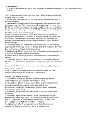 7
6. Responsibility
- a form of trustworthiness; the trait of being answerable to someone for something or being responsible for one’s
conduct
There are various types of family that exist in todays’ society, and some of the more
common structures include:
1. Nuclear family: Basically consists of two generations of family members living in
the same household.
2.Extended family: This type of family structure generally consists of three or more
generations living in the same household (or very close proximity). The usual name
for this type of family is a "vertically extended group" because the "extensions" to the
basic family group are inter-generational (that is, "between generations" - they involve
grandparents rather than uncles or aunts).
3. Step-families: One consequence of high rates of divorce and remarriage (or
cohabitation) is an increase in the number of families headed by step-mothers and
step-fathers. This type of family is usually nuclear in form and involves parents,
children of either spouse from a first marriage and (possibly) children from their
present marriage
4.Single parent family: This can be either a father or a mother who is individually
responsible for the raising of a child. The child can be by birth or adoption. They may
be a single parent by choice or by life circumstances.
5.Adoptive family: A family where one or more of the children has been adopted. Any
structure of family may also be an adoptive family.
6.Blended family: A family that consists of members from two (or more) previous
families.
7.Conditionally separated families: A family member is separated from the rest of
the family. This may be due to employment far away; military service; hospitalization;
etc.
8.Foster family: A family where one or more of the children is legally, a temporary
member of the household
9. Gay or Lesbian family; 10. Bi- racial or multi-racial family; 11.Trans –racial
adoptive family; 12.Immigrant family; and 13.Migrant family
Different kinds of family structures:
- a family unit consisting of at most a father, mother, and
dependent children, it is considered the "traditional" family.
- a family consisting of parents and children, along with either
grandparents, grandchildren, aunts, uncles, cousins, etc. in some
circumstances, the extended family comes to live either with or in place of a
member of the nuclear family.
- two families brought together due to divorce, separation, and
remarriage.
- this can be either a father or a mother who is singly
responsible for the raising of a child. The child can be by birth or adoption. They
may be a single parent by choice or by life circumstances. The other parent
may have been part of the family at one time or not at all.
- a family where one or more of the children has been
adopted. Any structure of a family may also be an adoptive family.
 