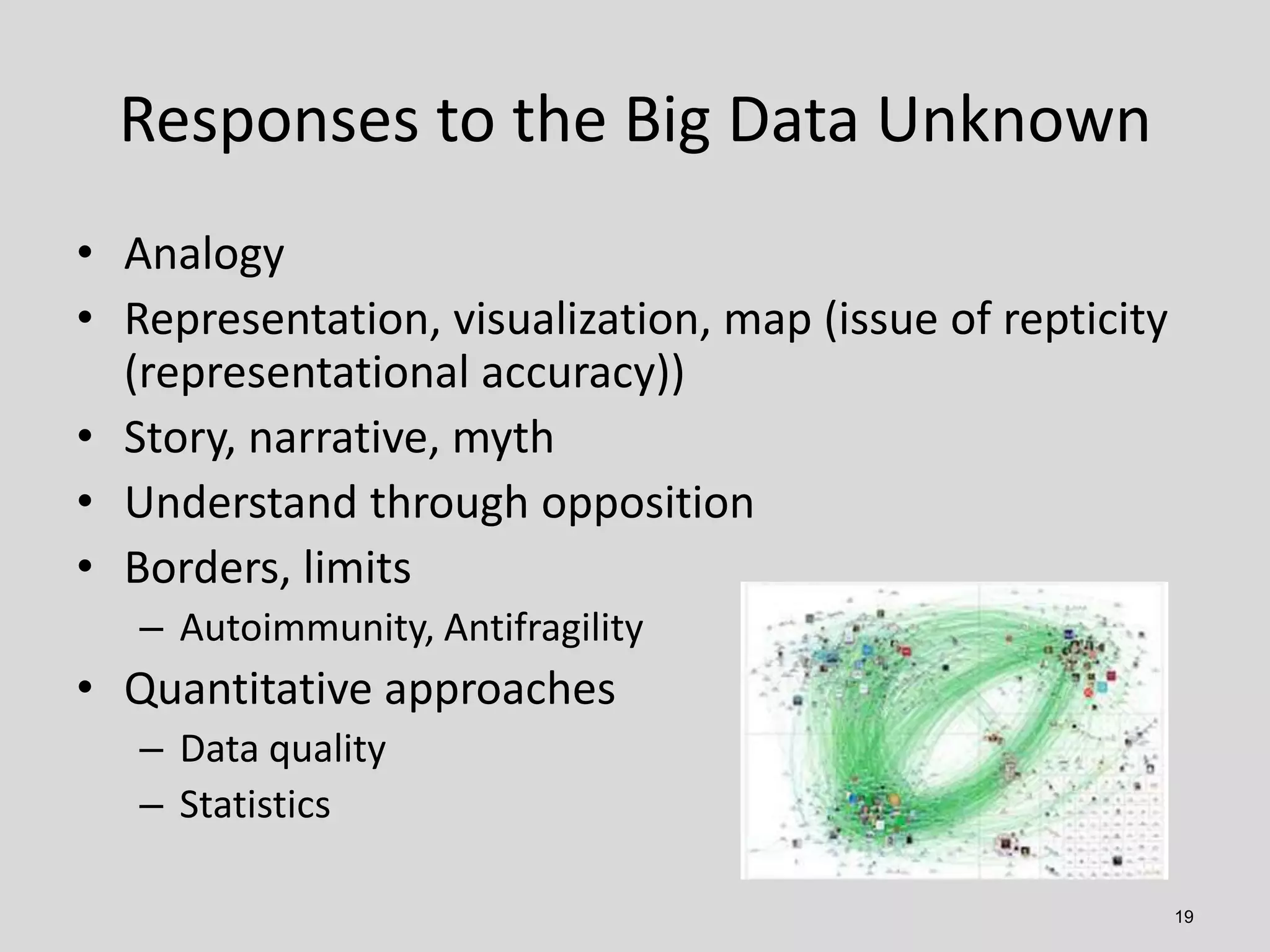 Responses to the Big Data Unknown
• Analogy
• Representation, visualization, map (issue of repticity
(representational accuracy))
• Story, narrative, myth
• Understand through opposition
• Borders, limits
– Autoimmunity, Antifragility

• Quantitative approaches
– Data quality
– Statistics
19

 