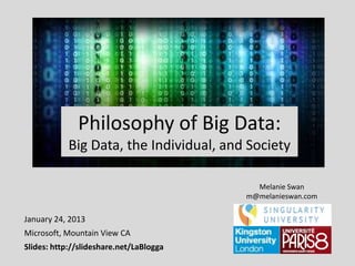 Philosophy of Big Data:
Big Data, the Individual, and Society
Melanie Swan
m@melanieswan.com

January 24, 2013
Microsoft, Mountain View CA
Slides: http://slideshare.net/LaBlogga

 