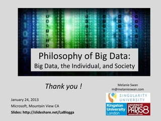 Philosophy of Big Data: Big Data, the Individual, and Society
