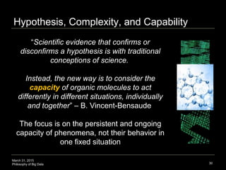 March 31, 2015
Philosophy of Big Data
Hypothesis, Complexity, and Capability
30
“Scientific evidence that confirms or
disc...