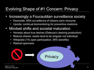 March 31, 2015
Philosophy of Big Data
 Increasingly a Foucauldian surveillance society
 Downside: NSA surveillance of ci...