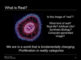 March 31, 2015
Philosophy of Big Data 46
Is this image of “real”?
What kind of real?
Real life? Artificial Life?
Synthetic...