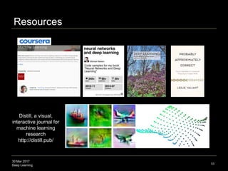30 Mar 2017
Deep Learning
Resources
53
Distill, a visual,
interactive journal for
machine learning
research
http://distill.pub/
 