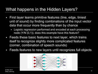 30 Mar 2017
Deep Learning
What happens in the Hidden Layers?
18
Source: Michael A. Nielsen, Neural Networks and Deep Learn...