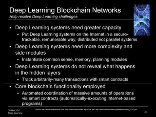 30 Mar 2017
Deep Learning
Deep Learning Blockchain Networks
Help resolve Deep Learning challenges
40
Source: http://www.me...
