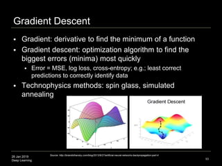 26 Jan 2019
Deep Learning
Gradient Descent
 Gradient: derivative to find the minimum of a function
 Gradient descent: op...