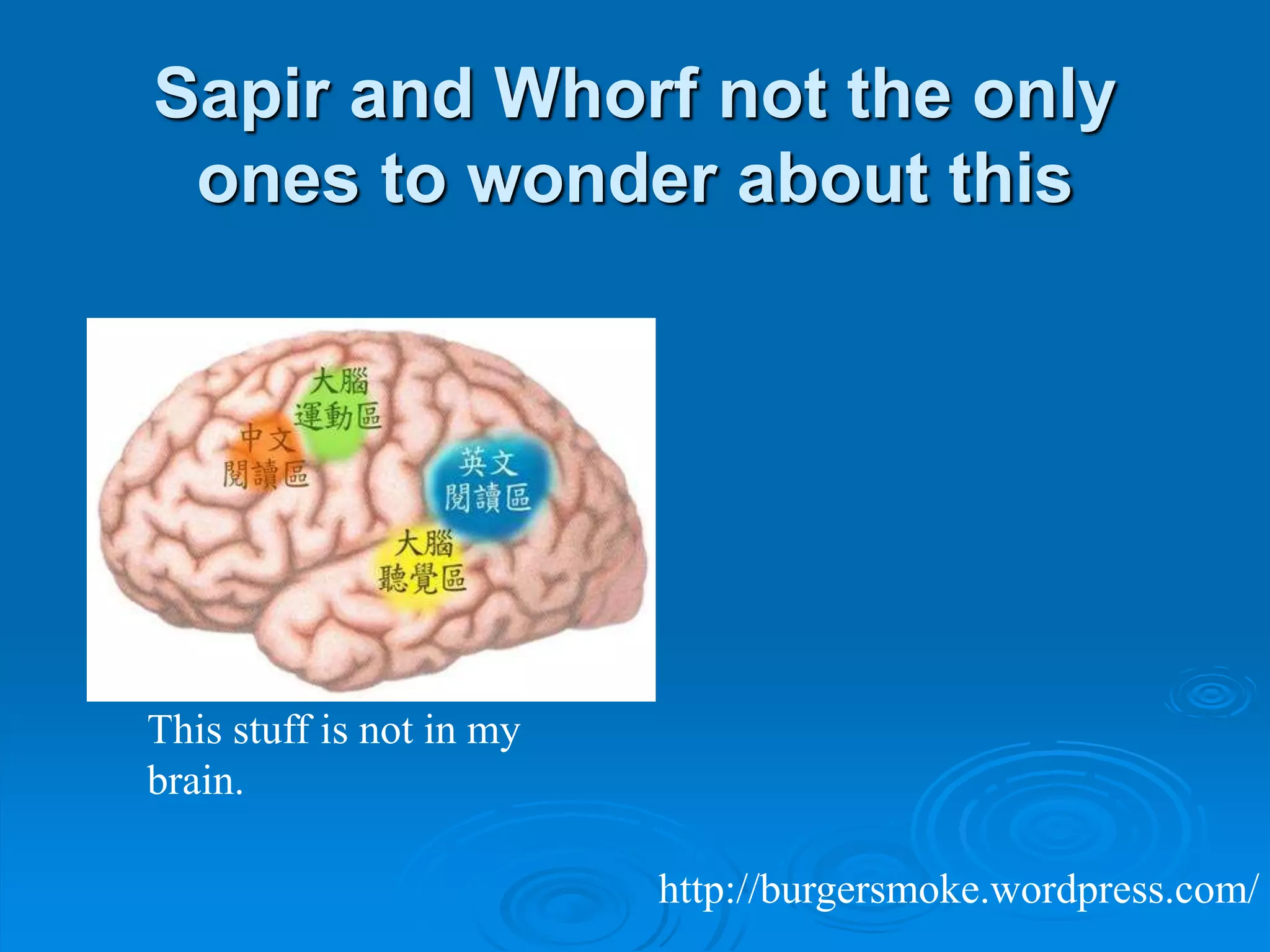 Sapir and Whorf not the only
ones to wonder about this
This stuff is not in my
brain.
http://burgersmoke.wordpress.com/
 