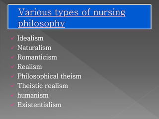  Idealism 
 Naturalism 
 Romanticism 
 Realism 
 Philosophical theism 
 Theistic realism 
 humanism 
 Existentialism 
 