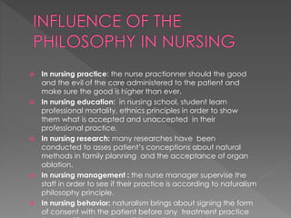  In nursing practice: the nurse practionner should the good 
and the evil of the care administered to the patient and 
make sure the good is higher than ever. 
 In nursing education: in nursing school, student learn 
professional mortality, ethnics principles in order to show 
them what is accepted and unaccepted in their 
professional practice. 
 In nursing research: many researches have been 
conducted to asses patient’s conceptions about natural 
methods in family planning and the acceptance of organ 
ablation. 
 In nursing management : the nurse manager supervise the 
staff in order to see if their practice is according to naturalism 
philosophy principle. 
 In nursing behavior: naturalism brings about signing the form 
of consent with the patient before any treatment practice 
that modifies the nature of the patient. 
 