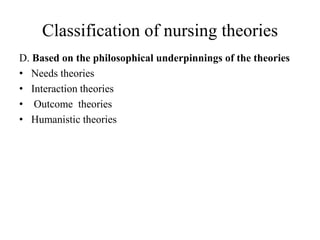 Classification of nursing theories
D. Based on the philosophical underpinnings of the theories
• Needs theories
• Interaction theories
• Outcome theories
• Humanistic theories

 