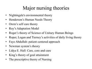 Major nursing theories
•
•
•
•
•
•
•
•
•
•
•

Nightingale's environmental theory
Henderson’s Human Needs Theory
Orem’s self care theory
Roy’s Adaptation Model
Roger’s theory of Science of Unitary Human Beings
Roper, Logan and Tierney’s activities of daily living theory
Faye Abdullah: patient centered approach
Newman system’s theory
Lidya E. Hall: Care, core and cure
King’s theory of goal attainment
The prescriptive theory of Nursing

 