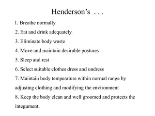 Henderson’s . . .
1. Breathe normally
2. Eat and drink adequately
3. Eliminate body waste

4. Move and maintain desirable postures
5. Sleep and rest
6. Select suitable clothes dress and undress

7. Maintain body temperature within normal range by
adjusting clothing and modifying the environment
8. Keep the body clean and well groomed and protects the

integument.

 