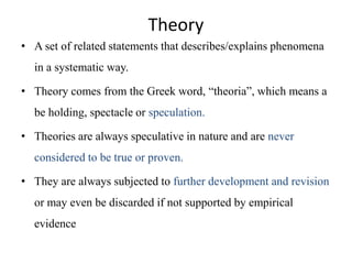 Theory
• A set of related statements that describes/explains phenomena
in a systematic way.

• Theory comes from the Greek word, “theoria”, which means a
be holding, spectacle or speculation.
• Theories are always speculative in nature and are never
considered to be true or proven.
• They are always subjected to further development and revision

or may even be discarded if not supported by empirical
evidence

 
