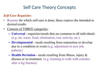 Self Care Theory Concepts
Self-Care Requisites
• Reasons for which self-care is done; these express the intended or
desired results
• Consists of THREE categories:
– Universal - requisites/needs that are common to all individuals
(e.g. air, water, food, elimination, rest, activity, etc.)
– Developmental - needs resulting from maturation or develop
due to a condition or event (e.g. adjustment to new job,
puberty)
– Health Deviation - needs resulting from illness, injury &
disease or its treatment (e.g. learning to walk with crutches
after a leg fracture)

 