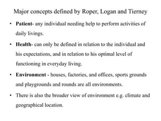 Major concepts defined by Roper, Logan and Tierney
• Patient- any individual needing help to perform activities of
daily livings.
• Health- can only be defined in relation to the individual and

his expectations, and in relation to his optimal level of
functioning in everyday living.
• Environment - houses, factories, and offices, sports grounds
and playgrounds and rounds are all environments.
• There is also the broader view of environment e.g. climate and
geographical location.

 