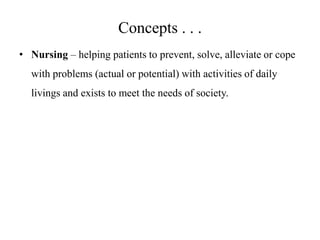 Concepts . . .
• Nursing – helping patients to prevent, solve, alleviate or cope
with problems (actual or potential) with activities of daily
livings and exists to meet the needs of society.

 