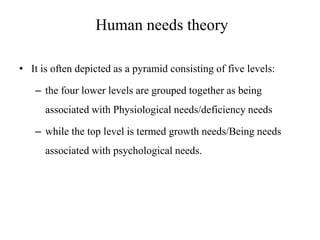 Human needs theory
• It is often depicted as a pyramid consisting of five levels:

– the four lower levels are grouped together as being
associated with Physiological needs/deficiency needs
– while the top level is termed growth needs/Being needs
associated with psychological needs.

 