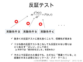 反証テスト
              d 2r(t )
            m      2
                       = F(r,t )
                dt

                                     ・・・

実験条件 A   実験条件 B     実験条件 C

   数多くの反証テストに耐え抜くことで、信頼性が高まる

   十分な数の反証テストをこなしても反証されない限りは
    とりあえず「正しい」としておく
   ※ 科学では「絶対的な正しさ」を認めない

   その上で反証された場合でも、ただちに「間違っている」と
    結論されるとは限らない（ケース・バイ・ケース）
              人文社会系道場導入 “ Ideas Worth Spreading ”   2012.12.06
 