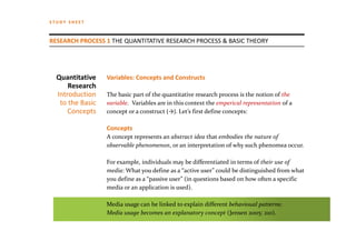 STUDY SHEET



RESEARCH PROCESS 1 THE QUANTITATIVE RESEARCH PROCESS & BASIC THEORY




  Quantitative    Variables: Concep...