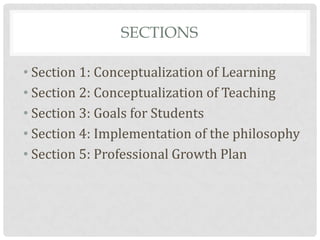 SECTIONS

• Section 1: Conceptualization of Learning
• Section 2: Conceptualization of Teaching
• Section 3: Goals for Students
• Section 4: Implementation of the philosophy
• Section 5: Professional Growth Plan
 
