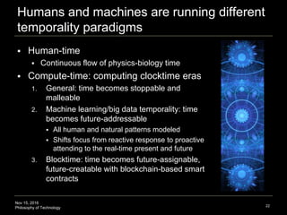 Nov 15, 2016
Philosophy of Technology
Humans and machines are running different
temporality paradigms
 Human-time
 Continuous flow of physics-biology time
 Compute-time: computing clocktime eras
1. General: time becomes stoppable and
malleable
2. Machine learning/big data temporality: time
becomes future-addressable
 All human and natural patterns modeled
 Shifts focus from reactive response to proactive
attending to the real-time present and future
3. Blocktime: time becomes future-assignable,
future-creatable with blockchain-based smart
contracts
22
 