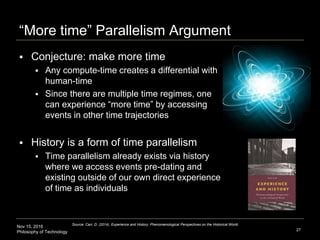 Nov 15, 2016
Philosophy of Technology
“More time” Parallelism Argument
 Conjecture: make more time
 Any compute-time creates a differential with
human-time
 Since there are multiple time regimes, one
can experience “more time” by accessing
events in other time trajectories
 History is a form of time parallelism
 Time parallelism already exists via history
where we access events pre-dating and
existing outside of our own direct experience
of time as individuals
27
Source: Carr, D. (2014). Experience and History: Phenomenological Perspectives on the Historical World.
 