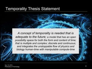 Nov 15, 2016
Philosophy of Technology
Temporality Thesis Statement
29
A concept of temporality is needed that is
adequate to the future; a model that has an open
possibility space for both the form and content of time;
that is multiple and complex; discrete and continuous;
and integrates the unstoppable flow of physics and
biology human-time with manipulable compute-time
 