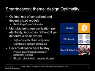 Nov 15, 2016
Philosophy of Technology
Smartnetwork theme: design Optimality
 Optimal mix of centralized and
decentralized models
 Rethinking Coase’s firm size
 Manufacturing reorganization per
electricity; industries rethought per
decentralized networks
 Tighter supply chain integration
 Complexity design principles
 Decentralization here to stay
 Proven decentralized scalability
paradigm: Internet
 Bitcoin, blockchain, decentralization
42
Sources: Coase, RH, The Nature of The Firm, 1937, http://www3.nccu.edu.tw/~jsfeng/CPEC11.pdf
Decentralization
Blockchain
Bitcoin
 