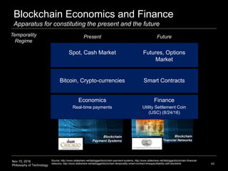 Nov 15, 2016
Philosophy of Technology
Blockchain Economics and Finance
Apparatus for constituting the present and the future
43
Bitcoin, Crypto-currencies Smart Contracts
Economics Finance
Spot, Cash Market Futures, Options
Market
Present Future
Source: http://www.slideshare.net/lablogga/blockchain-payment-systems, http://www.slideshare.net/lablogga/blockchain-financial-
networks, http://www.slideshare.net/lablogga/blockchain-temporality-smart-contract-timespecifiability-with-blocktime
Real-time payments Utility Settlement Coin
(USC) (8/24/16)
Temporality
Regime
 