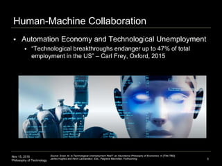Nov 15, 2016
Philosophy of Technology
The Prosthetic Relation
Extending body and brain into composable reality
5
I. Addition
Accepting the foreign
into the body
Merging body-brain
with the foreign
Blind man’s cane
Extending the reach of
the physical body
Heart transplant
II. Integration III. Synthesis
BCI cloudminds
Time and space are
fixed and immobile
Time and space start to
become contingent
Time and space are fully
contingent and composable
Melanie Swan, Philosophy, New School, Oct 29, 2016
 