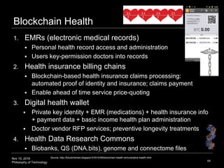 Nov 15, 2016
Philosophy of Technology
1. EMRs (electronic medical records)
 Personal health record access and administration
 Users key-permission doctors into records
2. Health insurance billing chains
 Blockchain-based health insurance claims processing:
automated proof of identity and insurance; claims payment
 Enable ahead of time service price-quoting
3. Digital health wallet
 Private key identity + EMR (medications) + health insurance info
+ payment data + basic income health plan administration
 Doctor vendor RFP services; preventive longevity treatments
4. Health Data Research Commons
 Biobanks, QS (DNA.bits), genome and connectome files
64
Source: http://futurememes.blogspot.fr/2014/09/blockchain-health-remunerative-health.html
Blockchain Health
 
