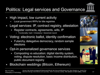 Nov 15, 2016
Philosophy of Technology
Politics: Legal services and Governance
67
 High impact, low current activity
 Local government RFPs for title registries
 Legal services: IP, contract registry, attestation
 Register contracts, agreements, wills, IP
 Functionality: hash + timestamp + blockchain record
 Voting: electronic ballot, identity confirmation
 Futarchy, delegative democracy, random sample
elections
 Opt-in personalized governance services
 Composting vs education; digital identity system,
voting, dispute resolution, basic income distribution,
public document registry
 Blockchain weddings (Bitcoin, Ethereum)
Sources: http://merkle.com/papers/DAOdemocracyDraft.pdf, http://www.proofofexistence.com/, https://bitnation.co/ , World’s First
Blockchain Marriage: David Mondrus and Joyce Bayo, 10/5/14, ConsenSys wedding : Kim Jackson and Zach LeBeau, 11/2/15
 
