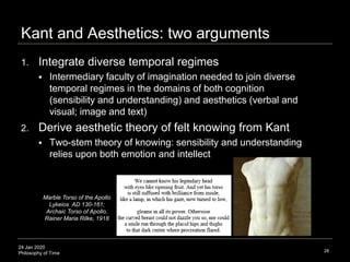 24 Jan 2020
Philosophy of Time
Kant and Aesthetics: two arguments
1. Integrate diverse temporal regimes
 Intermediary fac...